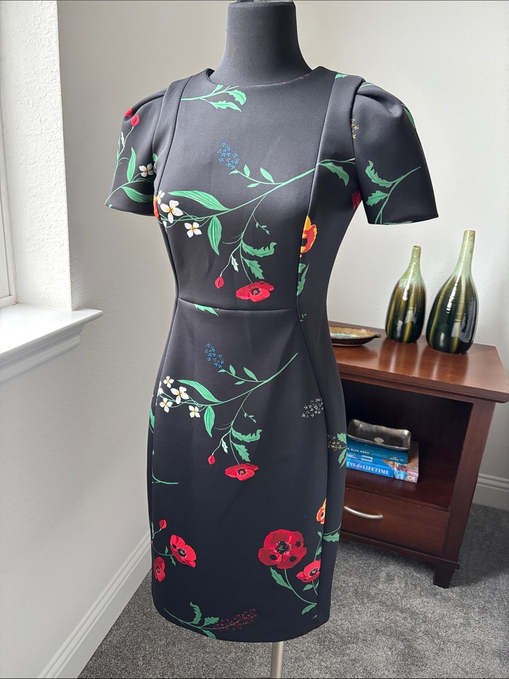 Calvin Klein Black Floral Midi Dress with Red & Green Accents